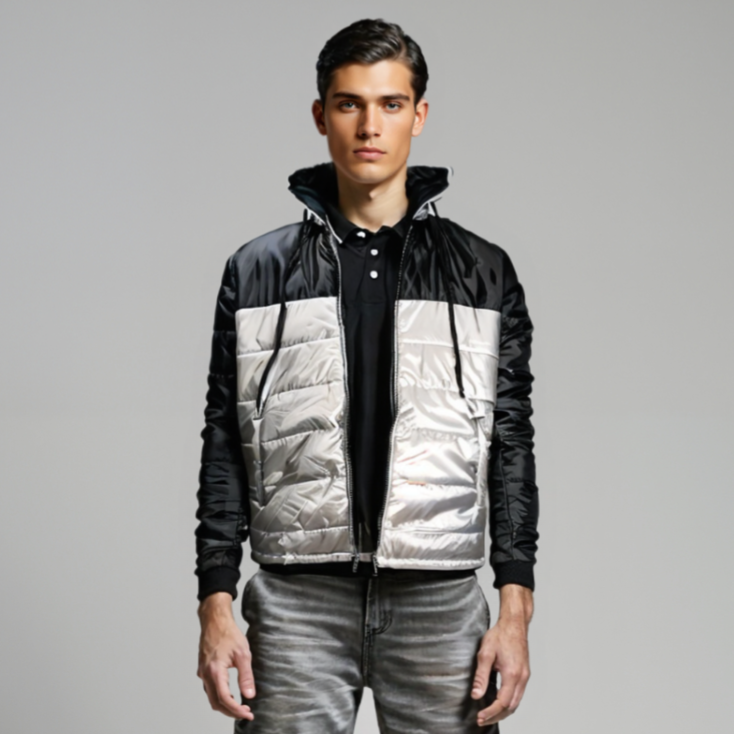 COLOUR BLOCK PUFFER JACKET (BLACK & GRAY)