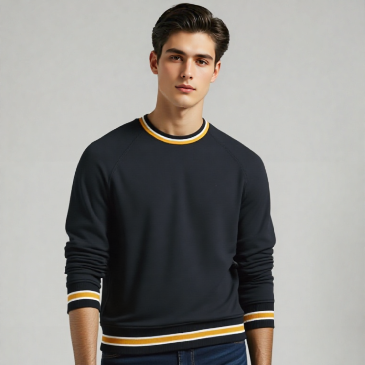 BLACK PLAIN SWEAT SHIRT WITH TIPPING RIB