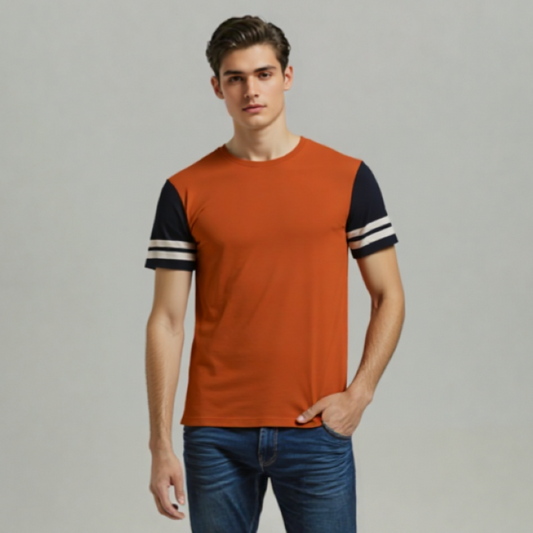 CONTRAST PANEL SLEEVE T-SHIRT RUST