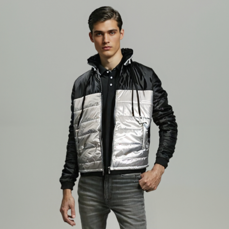 COLOUR BLOCK PUFFER JACKET (BLACK & GRAY)