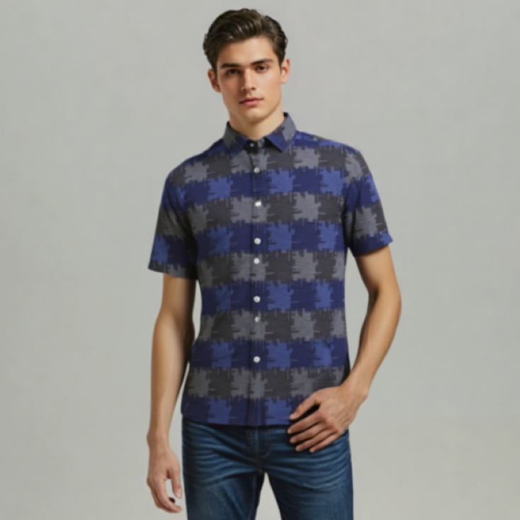 NAVY TEXTURE SELF DESIGN SHIRT H/S