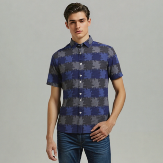 NAVY TEXTURE SELF DESIGN SHIRT H/S