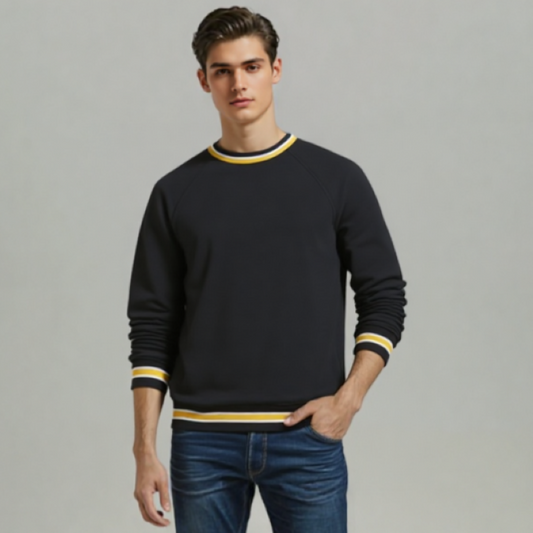 BLACK PLAIN SWEAT SHIRT WITH TIPPING RIB